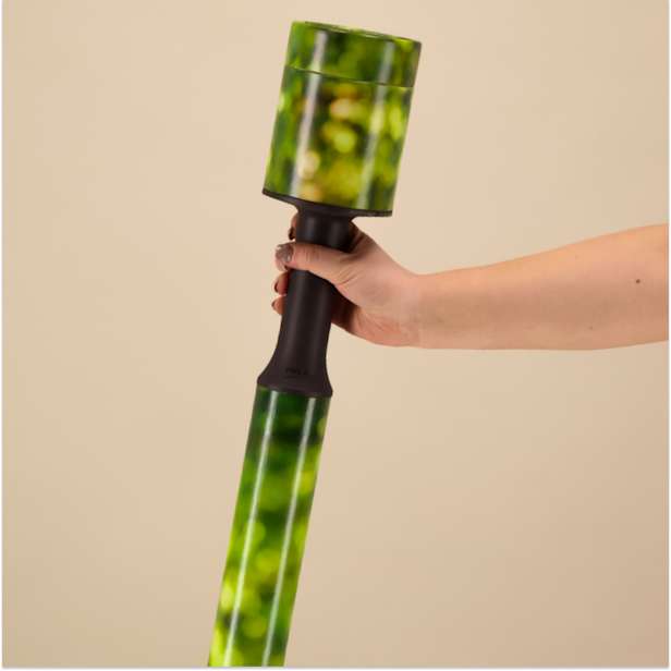 Hand holding a green walking stick