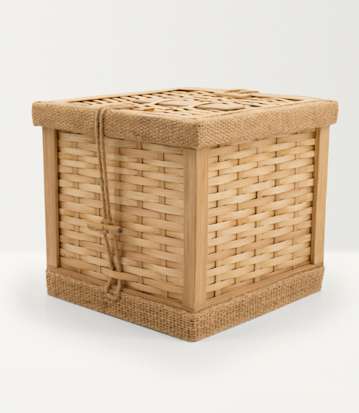 Close up of the corner of the woven bamboo coffin with string toggle fastenings
