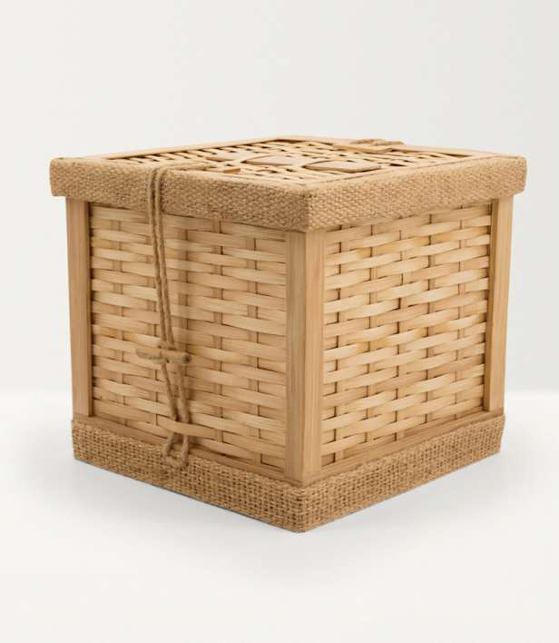 Close up of the corner of the woven bamboo coffin with string toggle fastenings