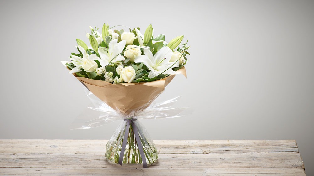 Wonderfully White hand-tied sympathy arrangement Wonderfully White hand-tied sympathy arrangement