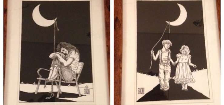 A pair of images by Steve Shaw, both with people holding a balloon moon.