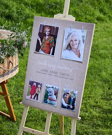 Montage canvas next to a coffin at a funeral