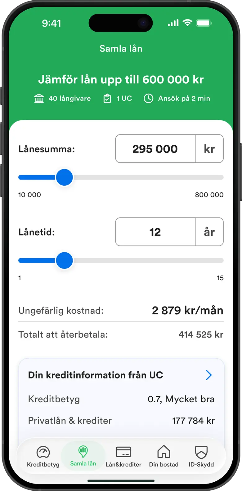 Samla lån och krediter i appen
