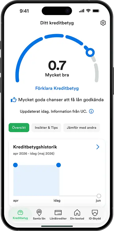 Ta reda på ditt kreditbetyg hos UC i appen