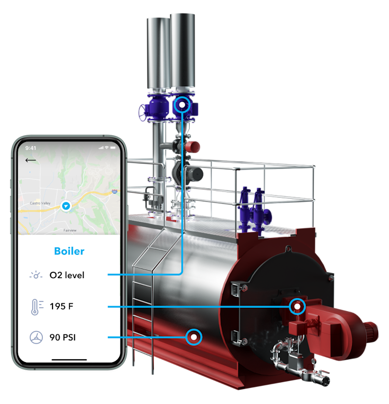 Boiler temperature, and PSI level being monitored by IoT on a mobile device