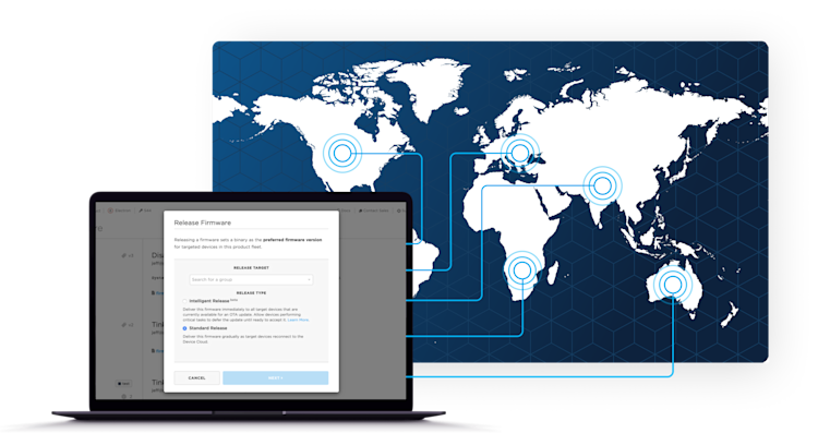 A laptop sending an over the air software update to devices around the world