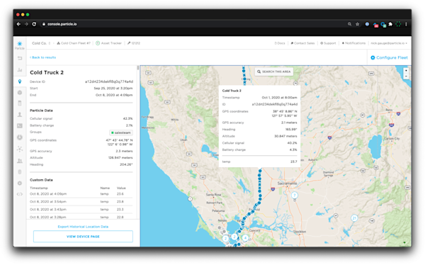 The Particle Tracking System dashboard monitoring asset gps location, battery, and other details in real-time