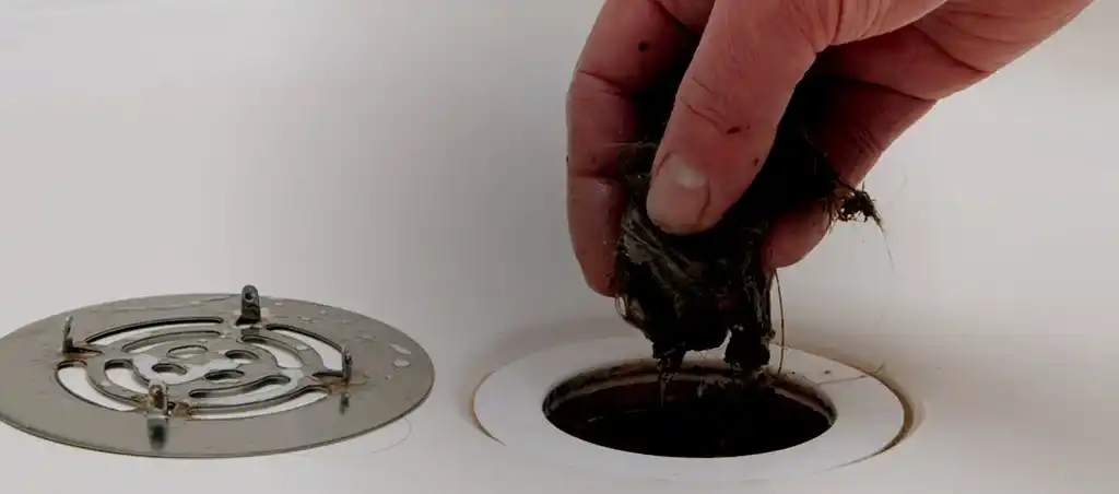 hand pulling hair out of a drain