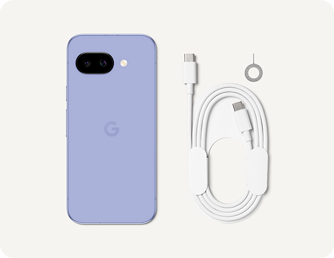 Pixel 9a, 1 m USB-C®-til-USB-C®-kabel (USB 2.0) og SIM-verktøy.