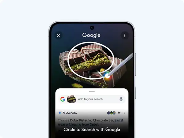 Bilde av en telefon hvor noe er tegnet en runding rundt og man får et søkeresultat av hva det er bilde av. Det står 