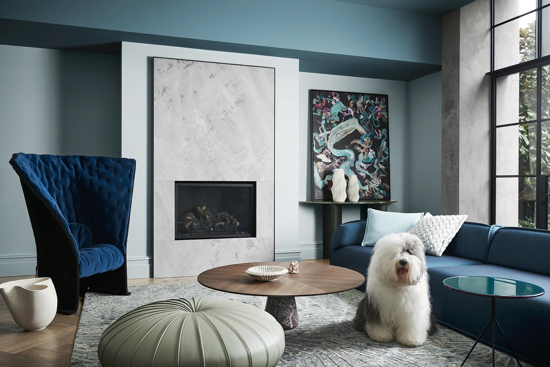 Dulux dog in two-two blue living room
