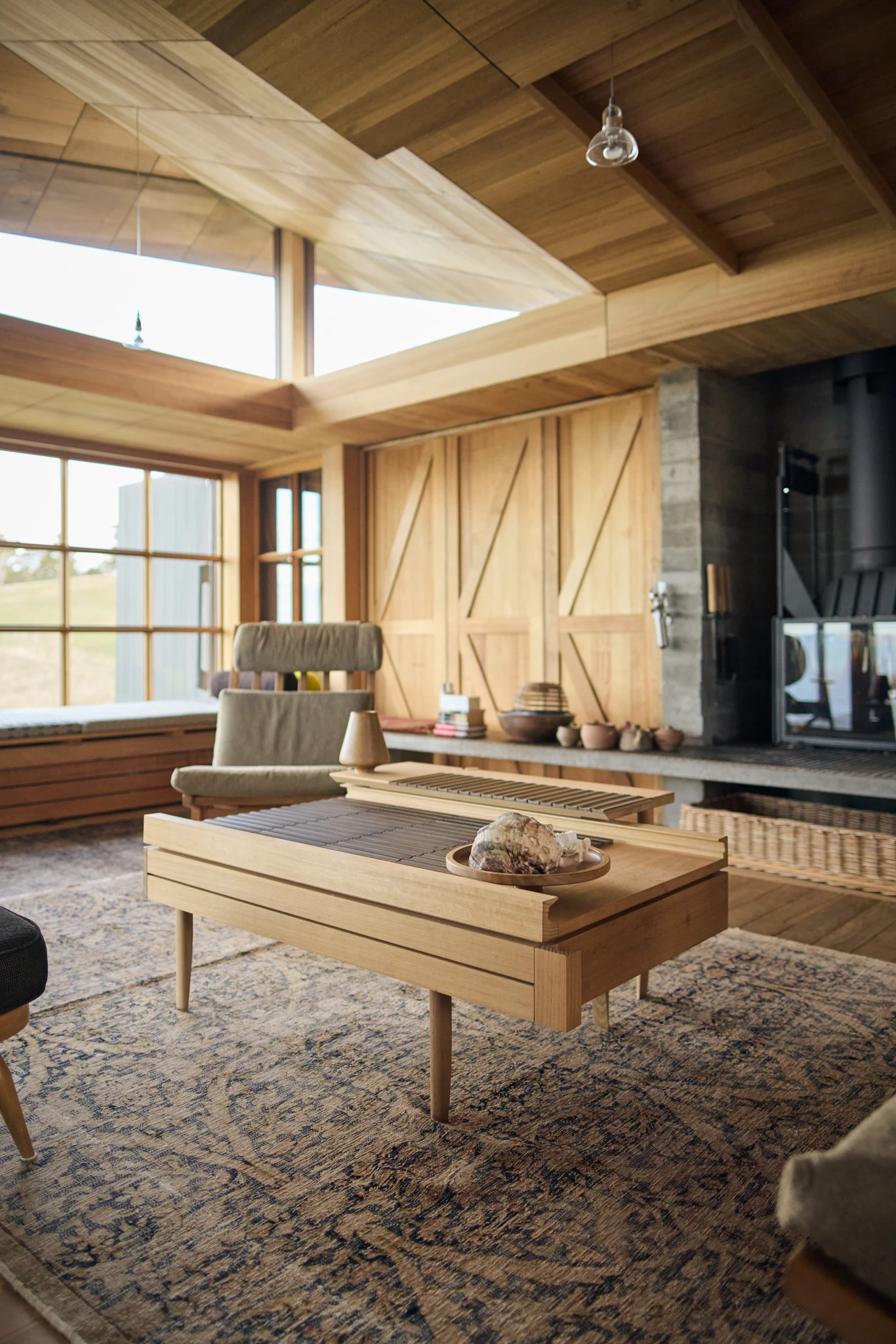 Timber coffee table in the middle of timber living room
