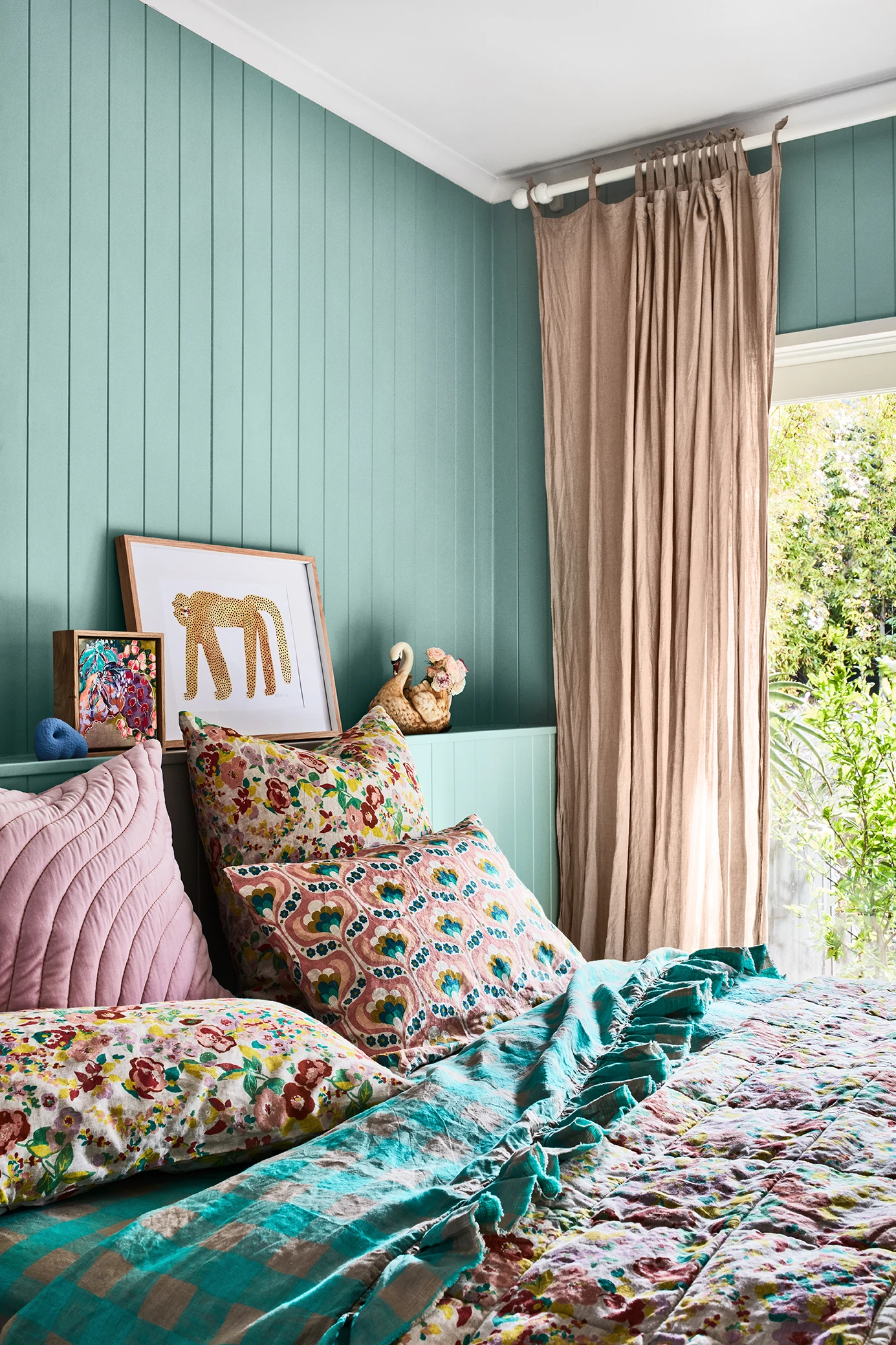 Bedroom with Harmonious coloured VJ panelled wall and styled with colours from the Dulux Wonder colour forecast palette.