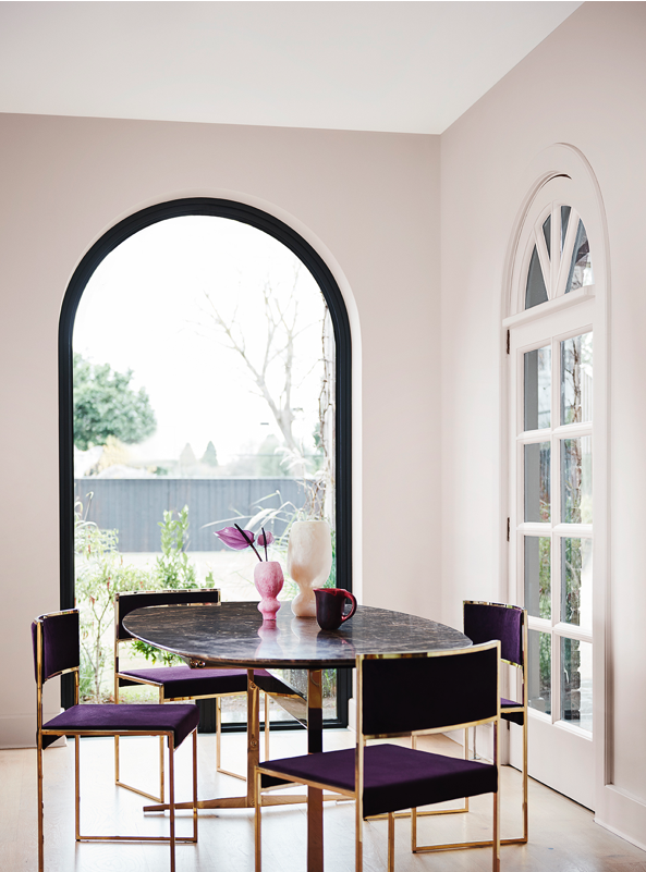 Interior dining room featuring Lilac light for Indulge palette for Dulux 2020 Colour forecast. 