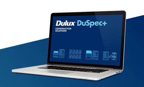 Duspec logo with building background.