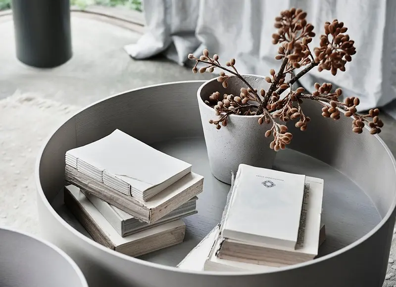 interior decor. Grey table with books and plant.