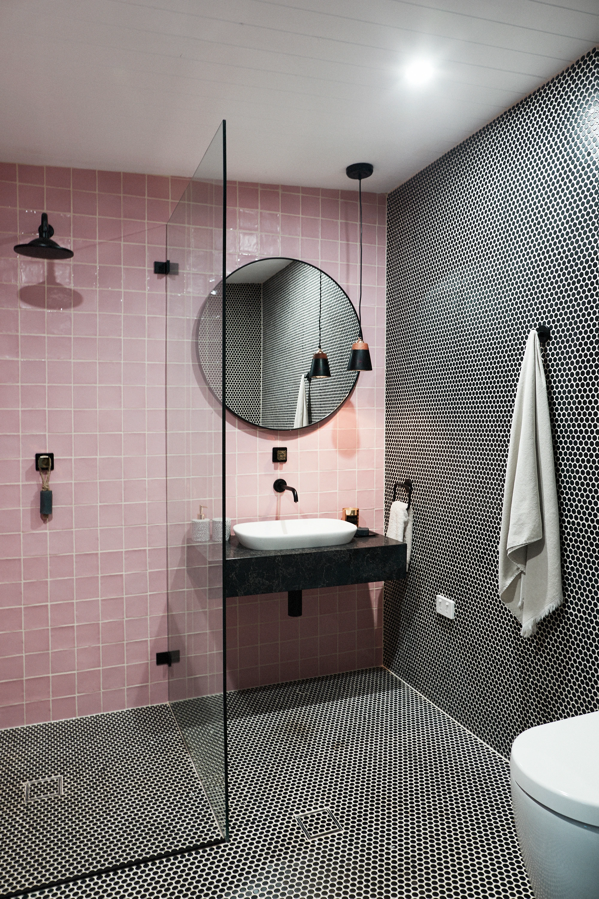 Pink bathroom dreams. The River Shack by Three Birds Renovations.