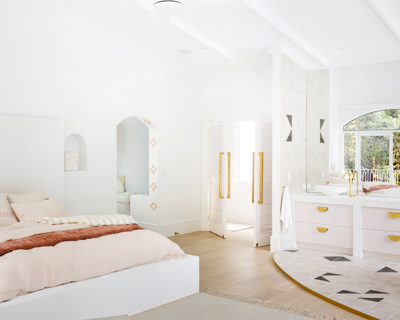 Master suite with walk-in robe and exposed ensuite, Hinterland Hideaway by Three Birds Renovations.