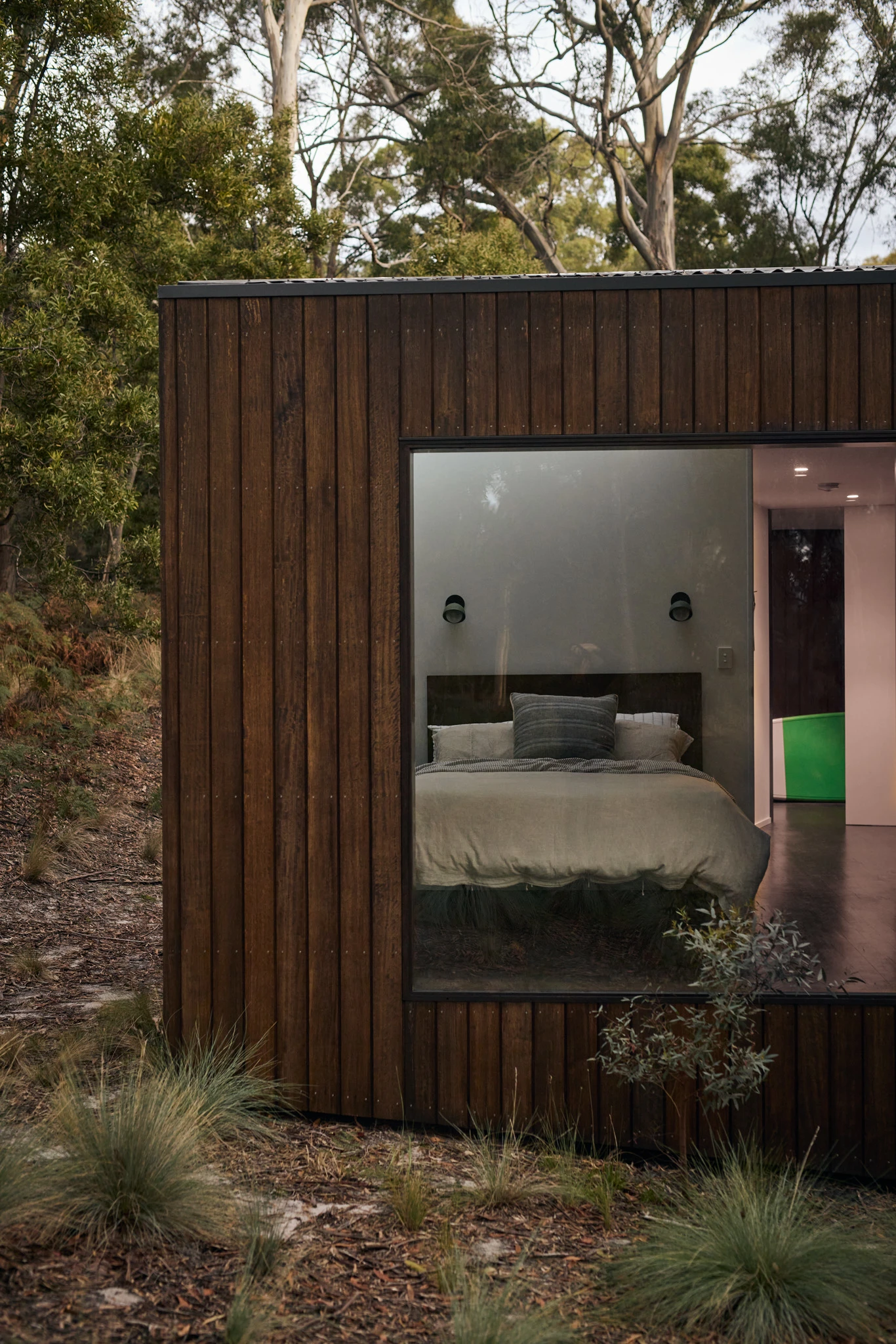 Exterior corner of modern weatherboard house in Tasmanian bushland.