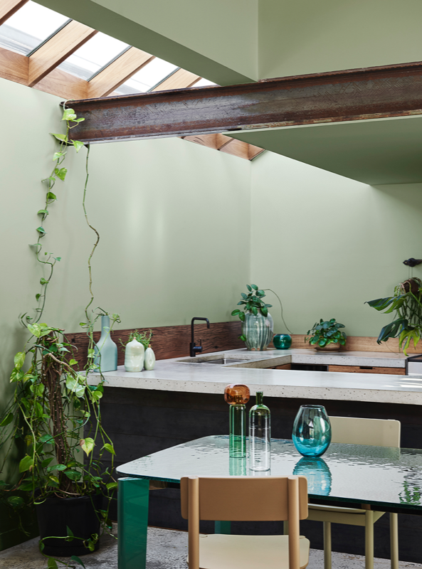 Green kitchen with wooden beams across the ceiling and skylight with plants trailing down the wall