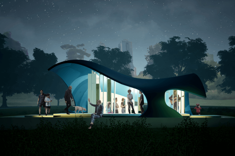 Illustration of curved recreational building in a park at night