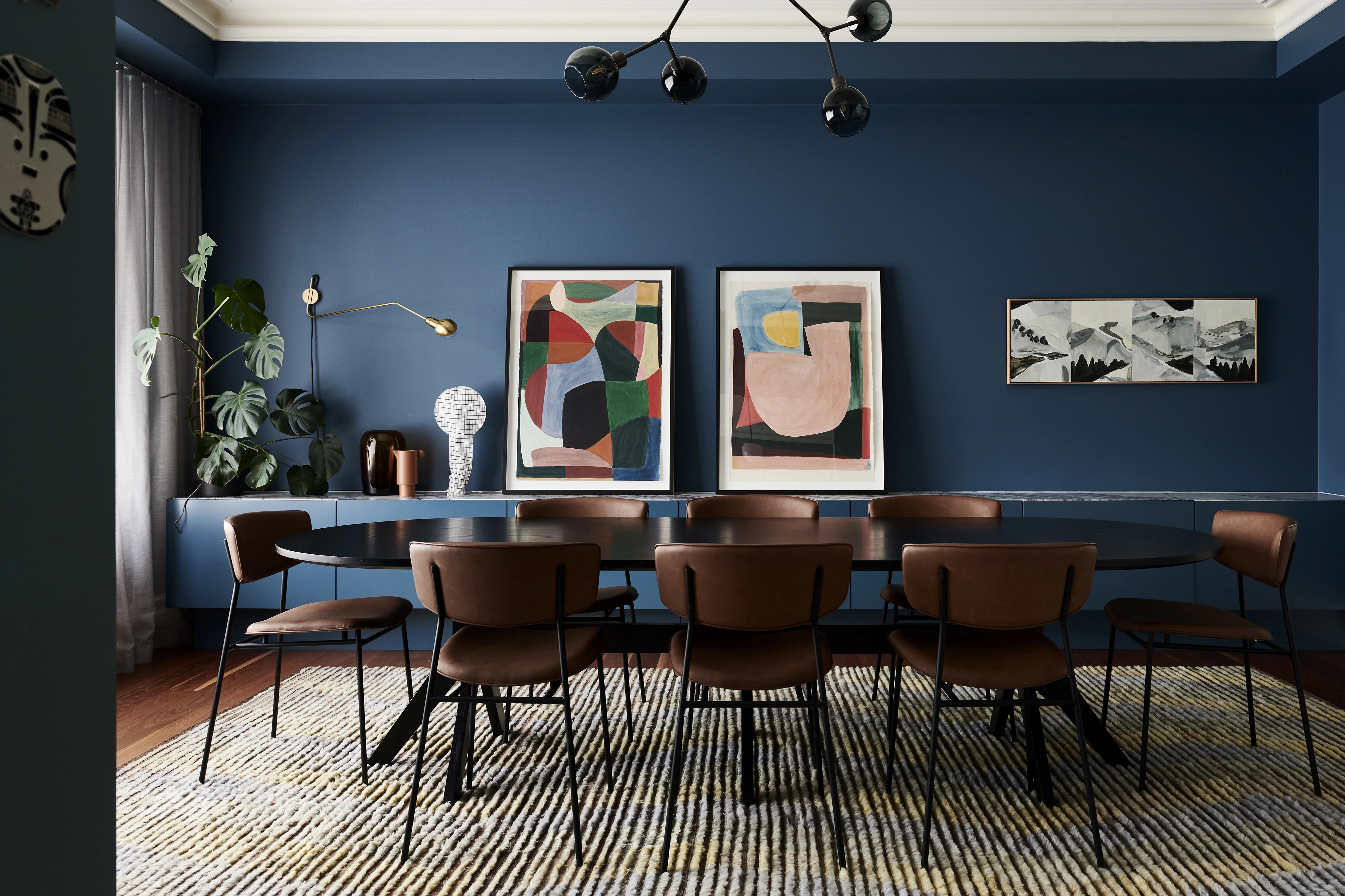 A Deep + Moody Dining Room 
Photos by Eve Wilson 
Dulux Eclipse Blue in dining room. (please note this project, photographed by us, was a finalist in the Dulux Colour awards 2021)
