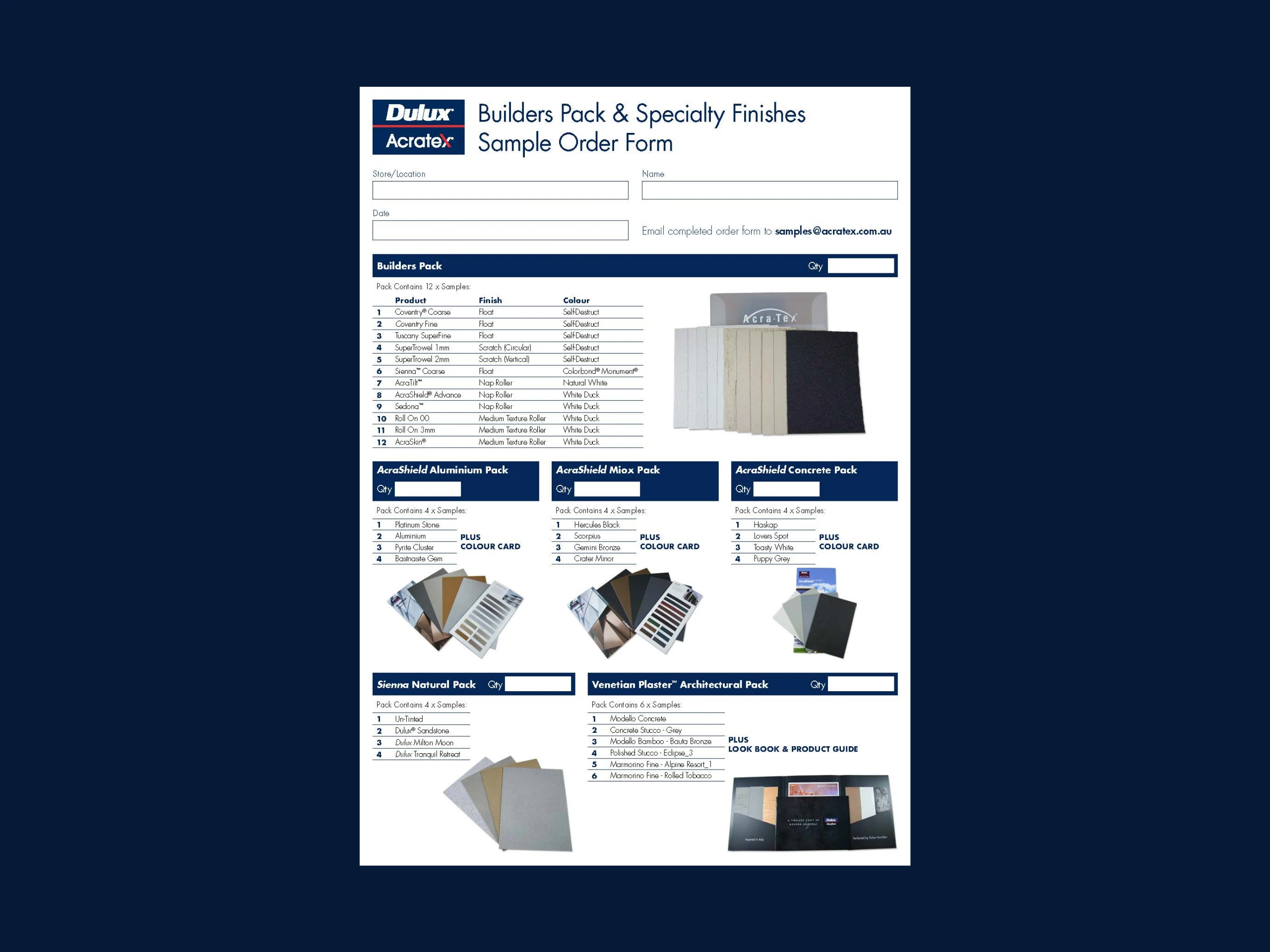 Acratex Builders Pack and Specialty Finishes Sample Order Form