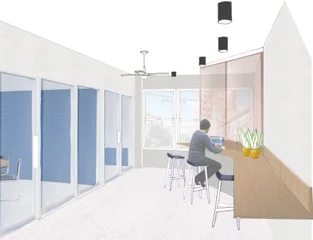 Illustration of individual glass-walled offices 