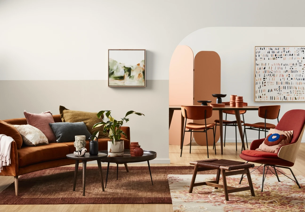 view of pink and orange living room setting 