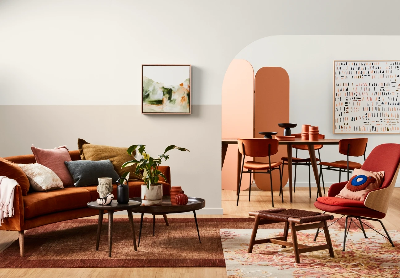 view of pink and orange living room setting 