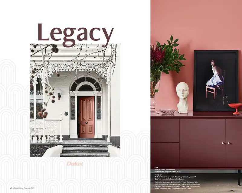 legacy magazine cover. interior pink painting and exterior pink door. 