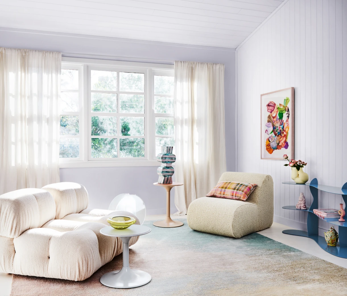 Living room with Pax coloured VJ panelled walls and wonder colour forecast styling 