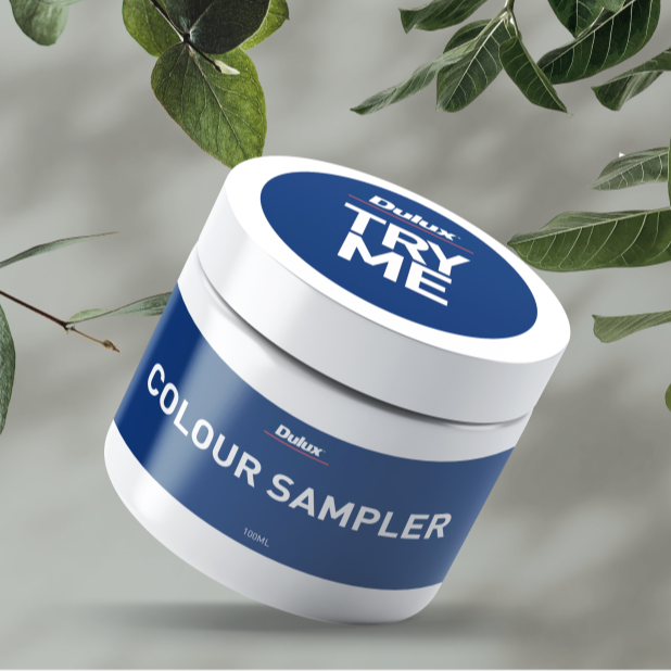 Sample pot in front of white background with leaves surrounding making a border