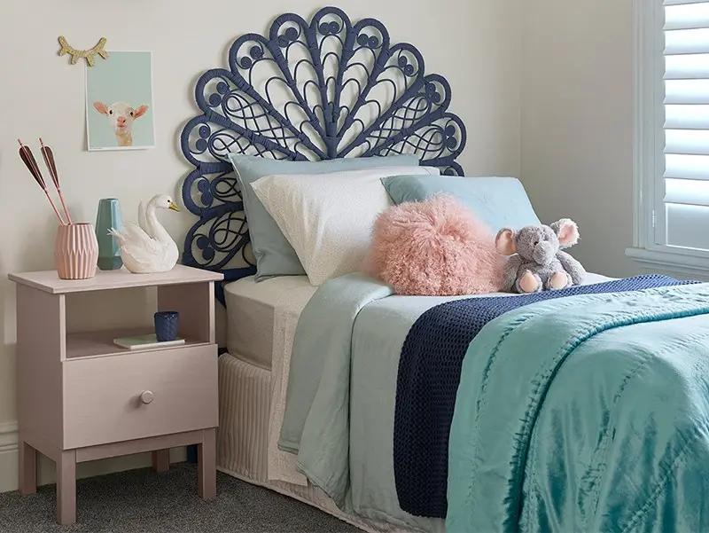 interior bedroom in blue and pink. 