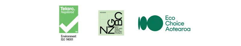 ISO 14001, NZGBC and Eco Choice Aotearoa logos