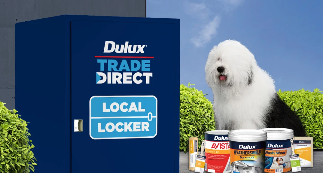 Dulux Trade Local Lockers with paint products and Dulux dog