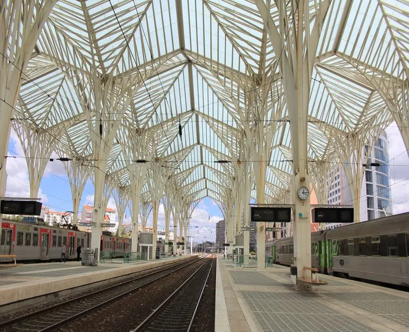 exterior train platform with white framed roofing.