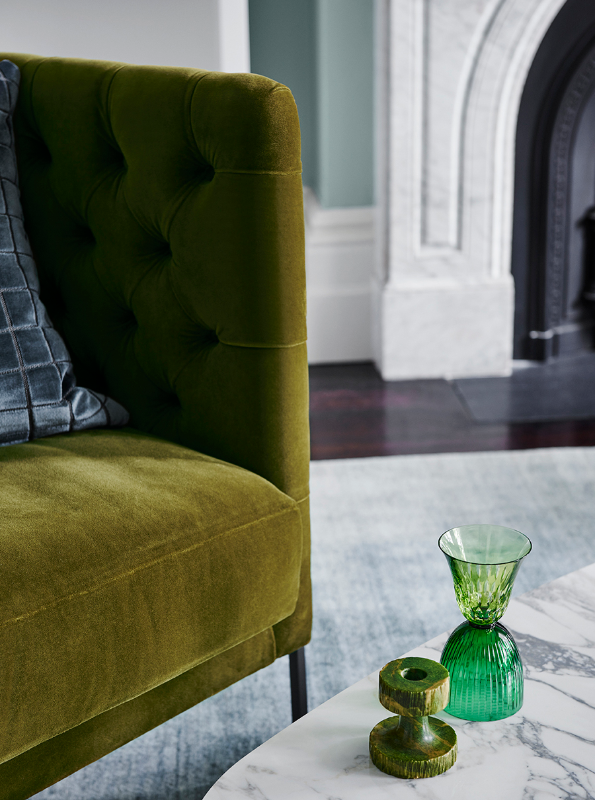 Green velvet armchair. Dulux Colour Forecast 2018 Reflect palette.