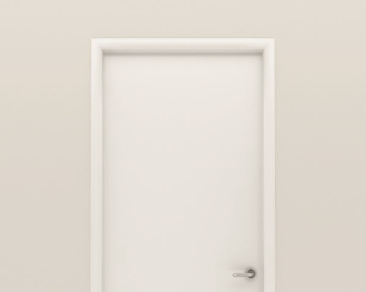 White wall with a closed white door, white trims and a chrome door handle