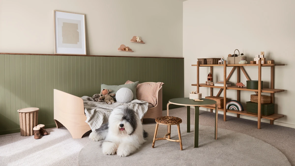 Dulux dog sitting in kids bedroom with bed, shelving and toys. 