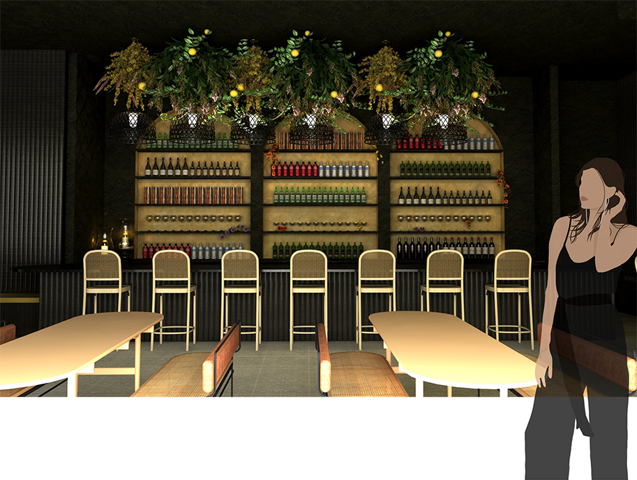 Illustration of a dark bar with long bench tables, bar chairs and arched shelves 