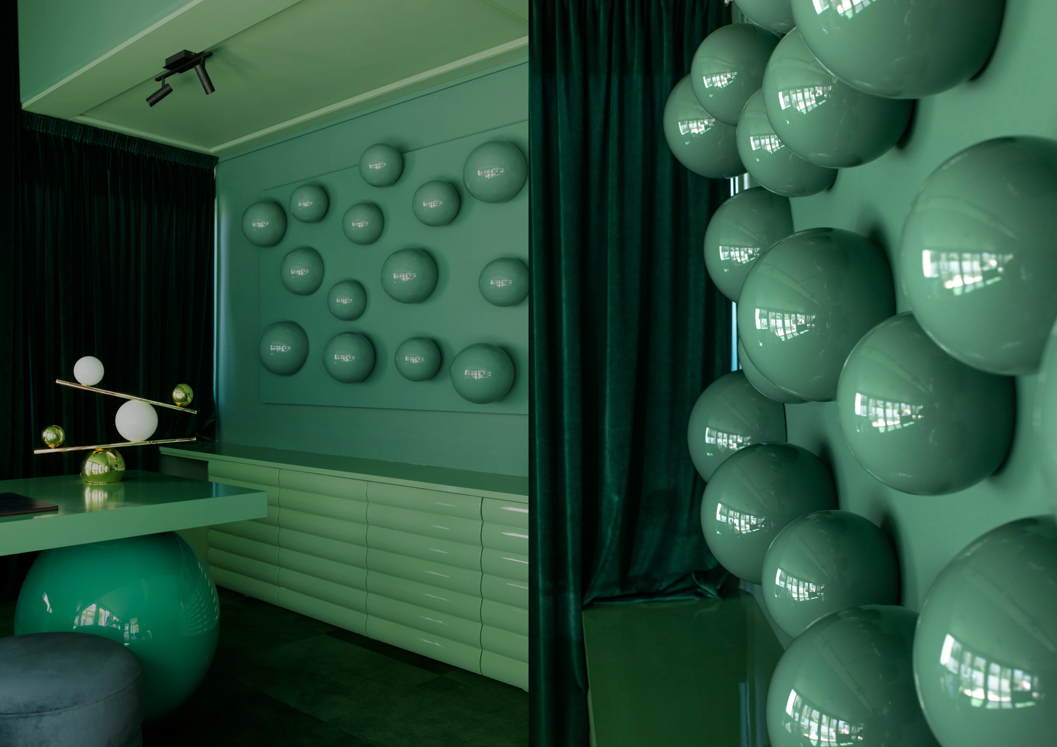 Green room with green bubble art installation on walls.