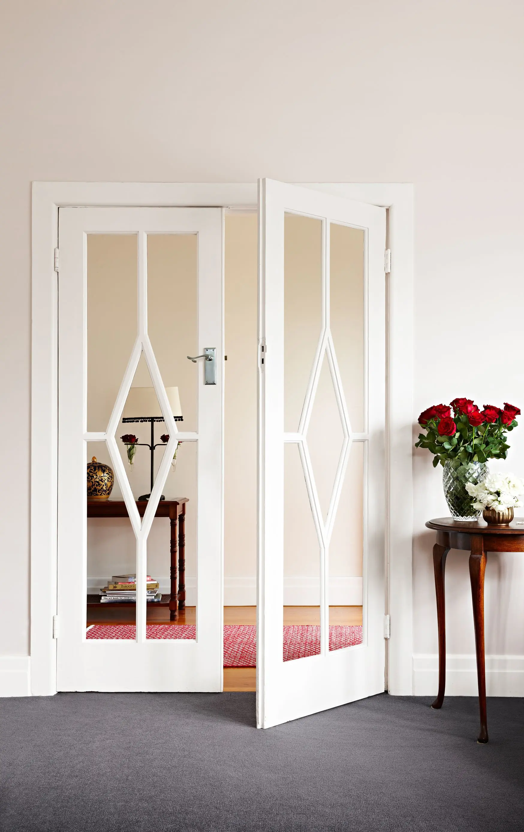 interior  how to paint white doors and trims, lounge with french glass doors and roses on side table