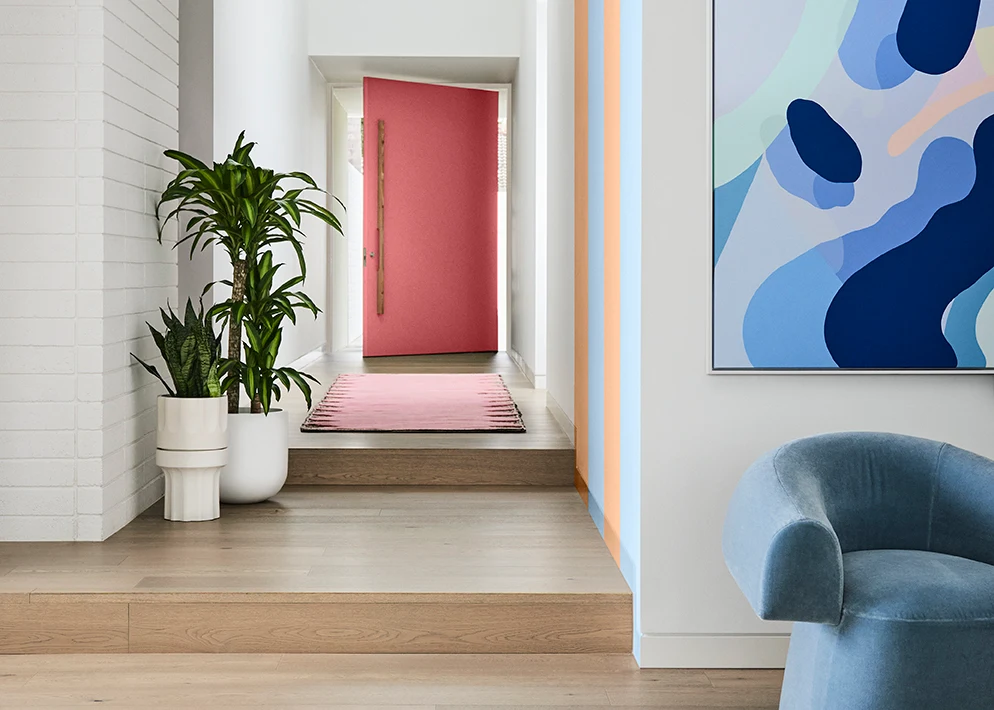 Dulux Colour Forecast 2023 – Photograph: Lisa Cohen. Styling: Bree Leech.
AU - Lexicon Quarter, Stripes In Breezy Half & Paper Brown, Front Door In Pink Chi
NZ - Ōkārito, Stripes In Breezy Half & Herd Street, Front Door In Ashburton
Rug Halcyon Lake
Planters & Plants Into The Wild Interiors
Occasional Chair Mobilia
Artwork - At Play 2 By Callum Francis Studio Gallery & Callum Francis