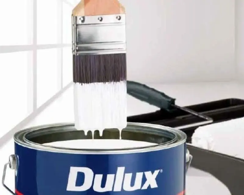 A paint brush being dipped in a Dulux paint can with white paint dripping from the paint brush