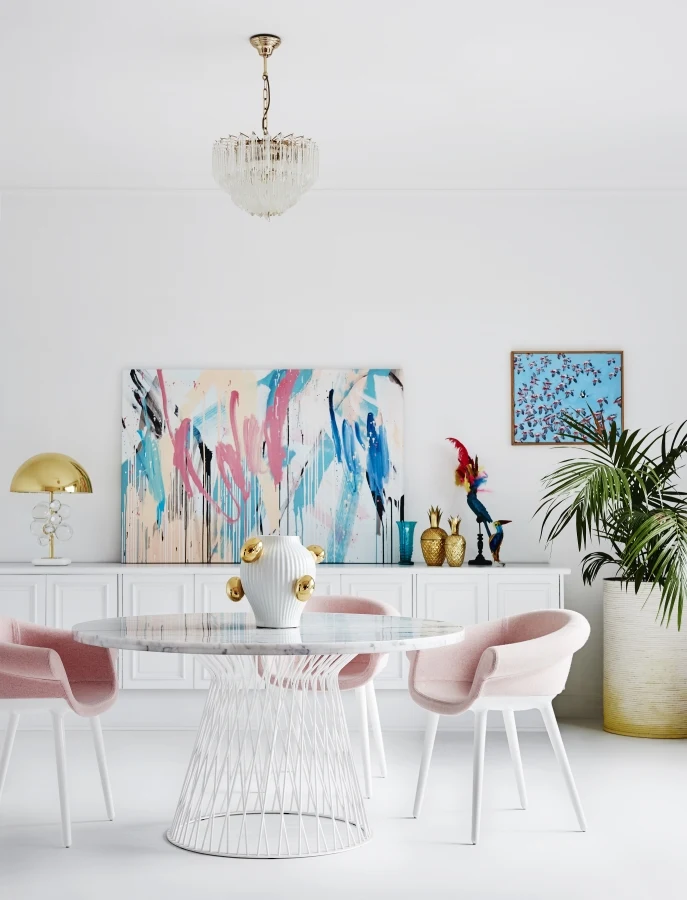 white and pink dining area 
