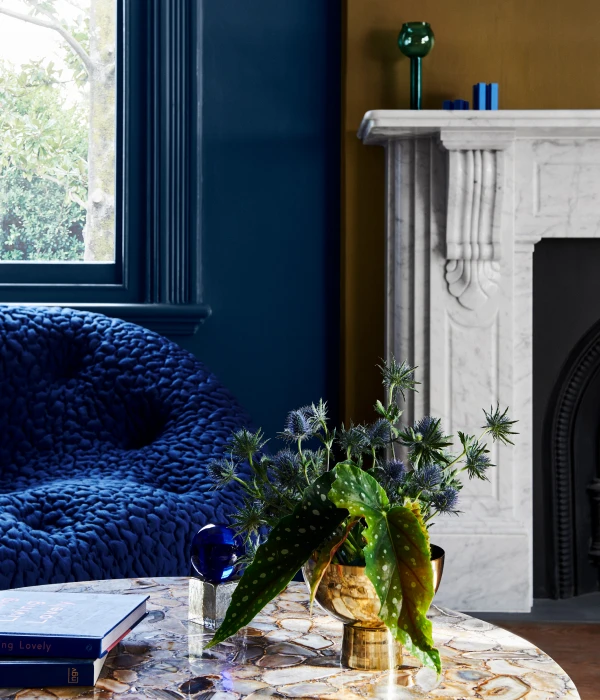 Flourish colours featured in living room near fireplace. 