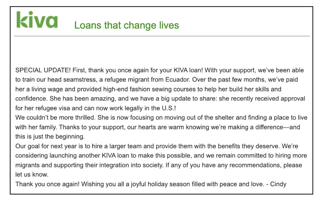 An update from Cindy to her Kiva lenders, November 2024