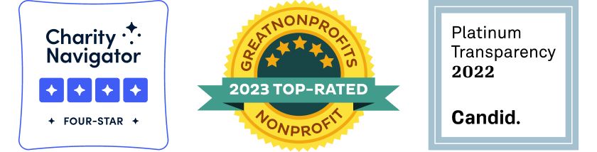 Three charity ratings from Charity Navigator, Great Nonprofits, and Candid.