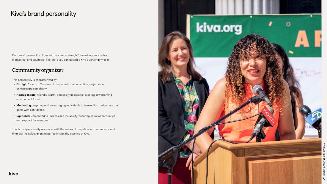 A page from Kiva’s brand guide showcasing our Community Organizer brand voice and personality.
